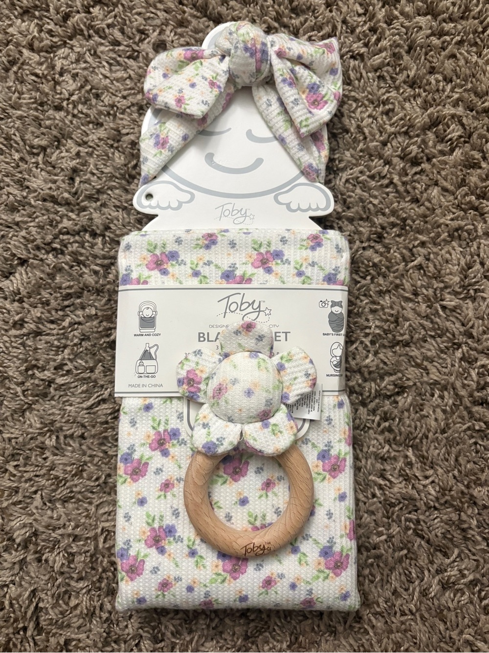 Toby Floral Knit Baby Blanket & Headwrap Set - White with Pink & Purple Flowers